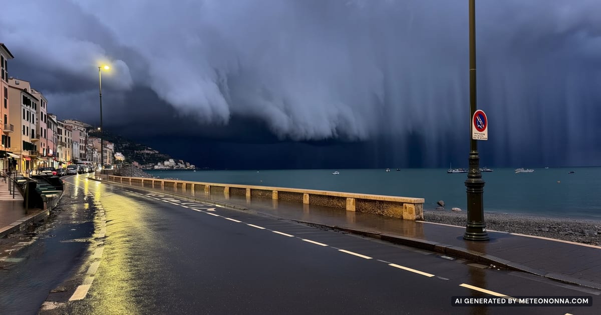 Strada di una città costiera ligure al crepuscolo sotto nubi temporalesche scure, con l'asfalto bagnato che riflette le luci