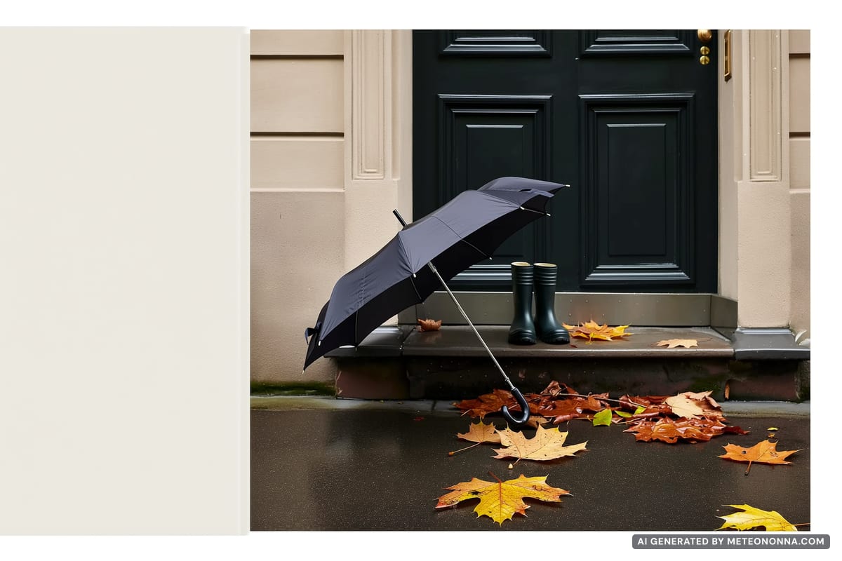 Ombrello aperto e stivali di gomma accanto alla porta di casa in una giornata di pioggia autunnale, con foglie bagnate fuori