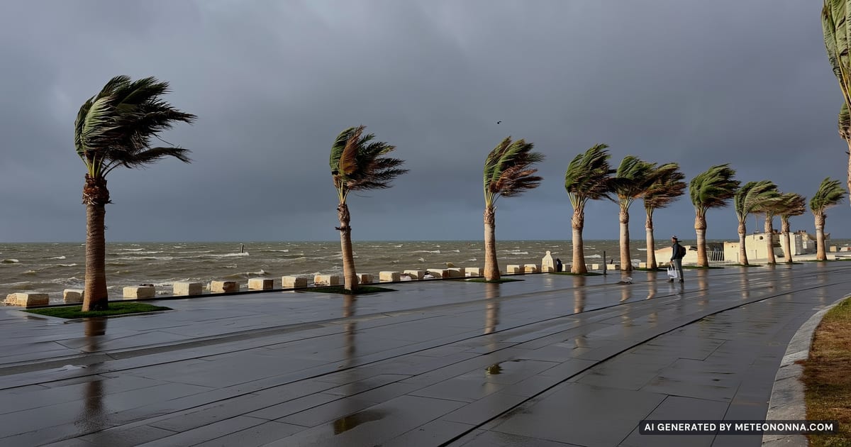 Lungomare ligure in autunno con cielo scuro e carico di pioggia, asfalto bagnato, palme mosse dal vento e mare agitato sullo sfondo