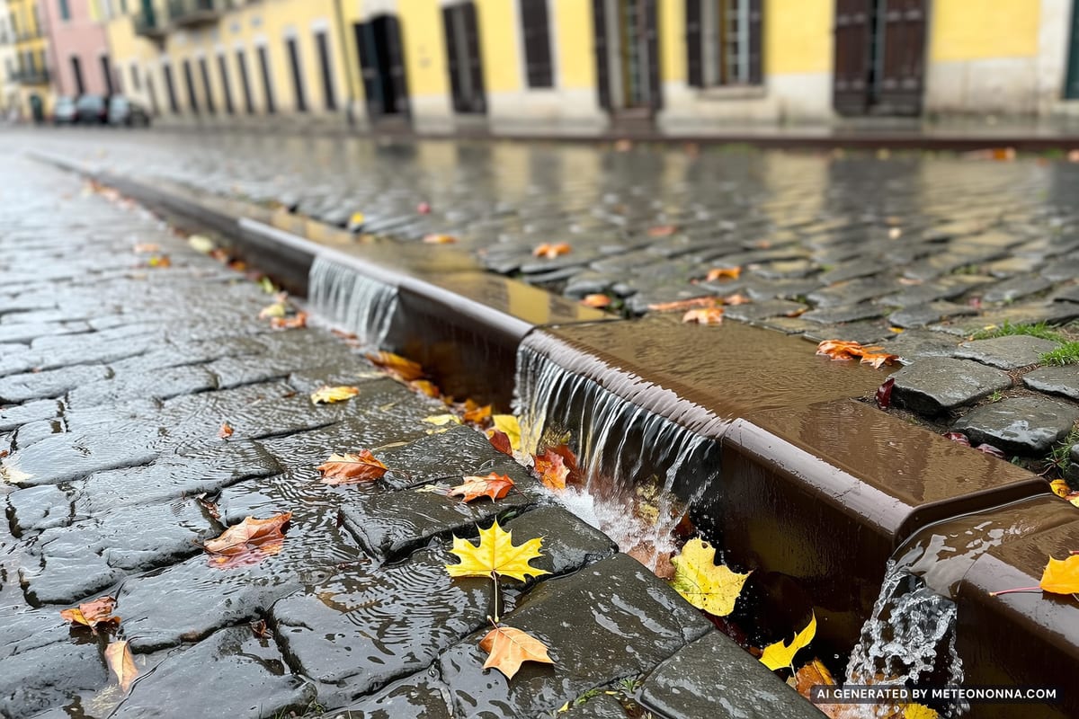 Strada di una città italiana sotto la pioggia, con l'acqua che scorre lungo il marciapiede verso un tombino coperto di foglie autunnali