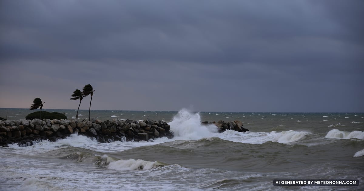 Mare grosso e nuvole basse e scure al tramonto lungo una costa ligure, con palme piegate dal vento e onde che si infrangono su un frangiflutti