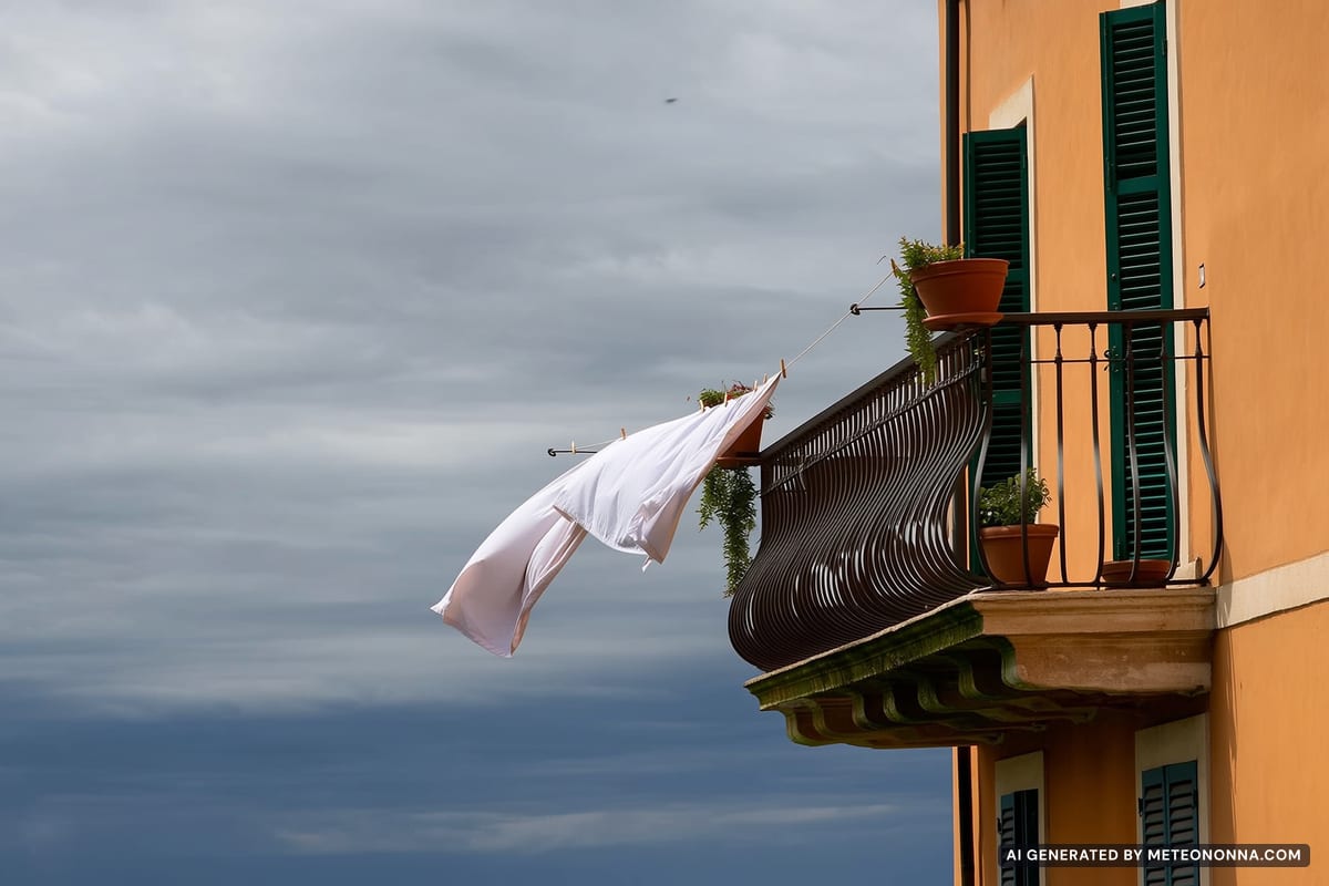 Balcone di un borgo mediterraneo con panni stesi che sventolano di lato per il vento forte, vasi di terracotta e cielo coperto
