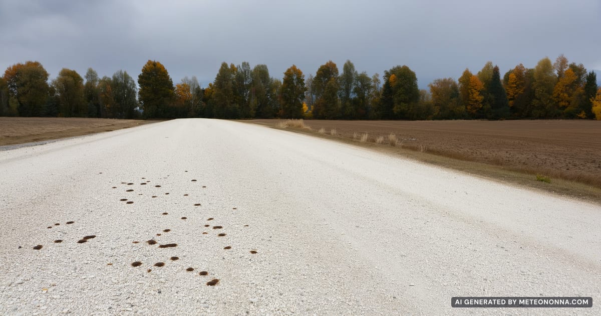 Le prime gocce di pioggia cadono su una strada bianca di campagna toscana, con cipressi sullo sfondo e il cielo coperto.