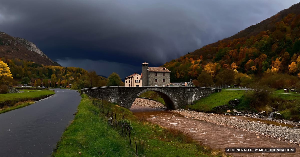Nuvole temporalesche scure sopra colline appenniniche e un piccolo borgo con ponte in pietra, con un torrente ingrossato in primo piano.