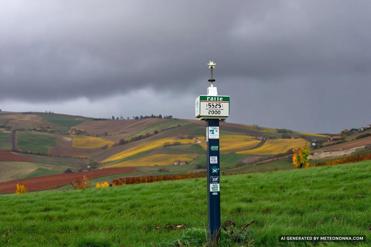 Un pluviometro in mezzo a un prato, sotto nuvole grigie e pioggia, con vigneti collinari sullo sfondo.