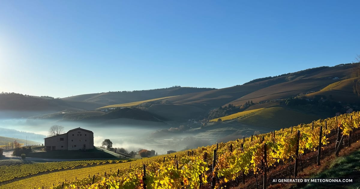 Colline italiane in novembre con filari di vite dalle foglie gialle e rosse, un cascinale di pietra e un velo di nebbia nella valle sotto un cielo sereno.