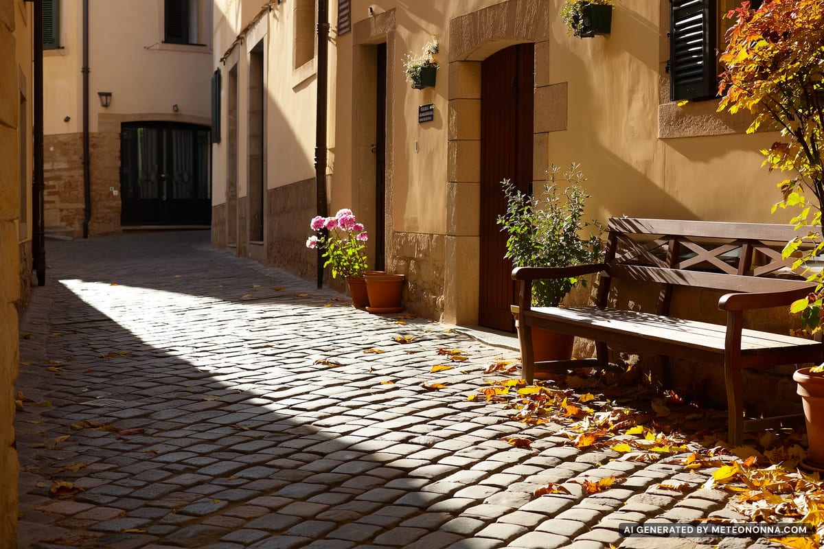 Vicolo di un paese italiano in una giornata tiepida di novembre, con foglie secche sull'acciottolato, una panchina di legno al sole e vasi di terracotta con gli ultimi fiori.