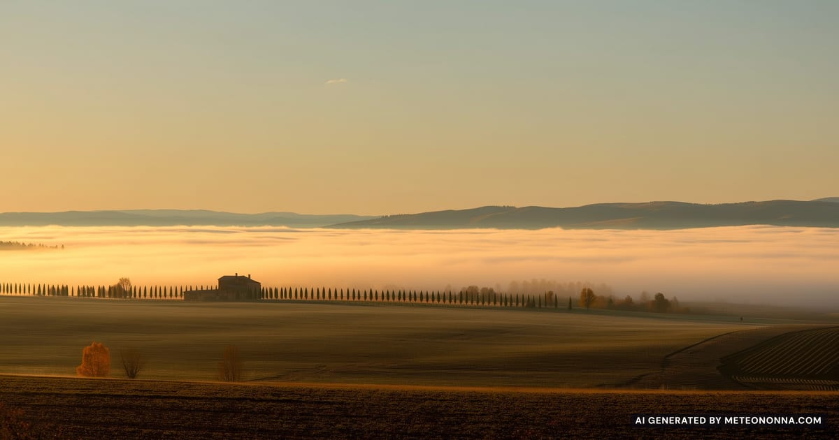 Alba autunnale nella Pianura Padana: campi e filari di pioppi immersi nella nebbia, con le colline che emergono sopra lo strato di foschia.