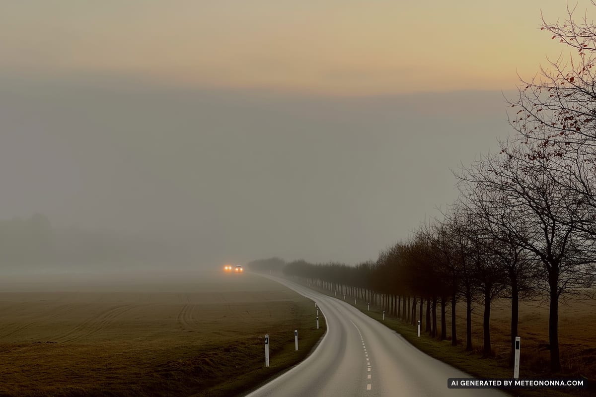 Strada di campagna in una mattina di nebbia: alberi spogli ai lati e i fari di un'auto che si intravedono nella foschia.