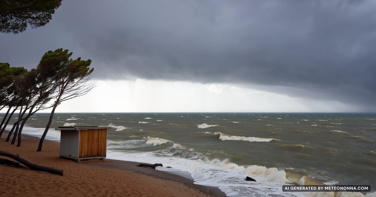 Costa adriatica in una giornata di autunno ventosa, con nuvole scure sul mare mosso e una spiaggia deserta