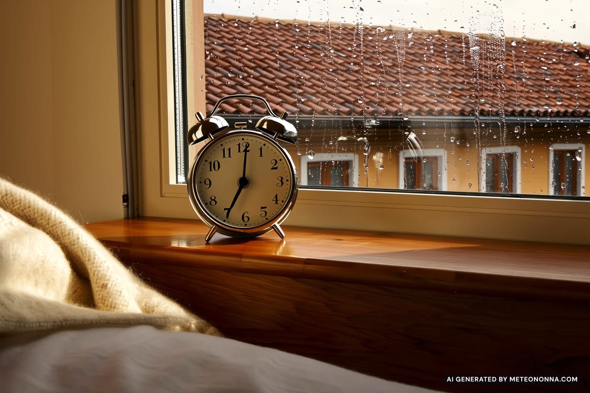 Sveglia analogica sul comodino alla luce del mattino, con una tazza di tè e una coperta di lana, accanto a una finestra con i tetti bagnati dalla pioggia