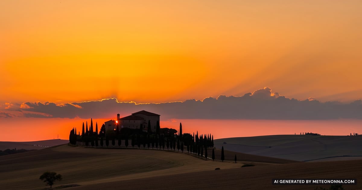 Tramonto rosso e arancione sulla campagna italiana, con cipressi e un casale in controluce e poche nuvole sottili in alto