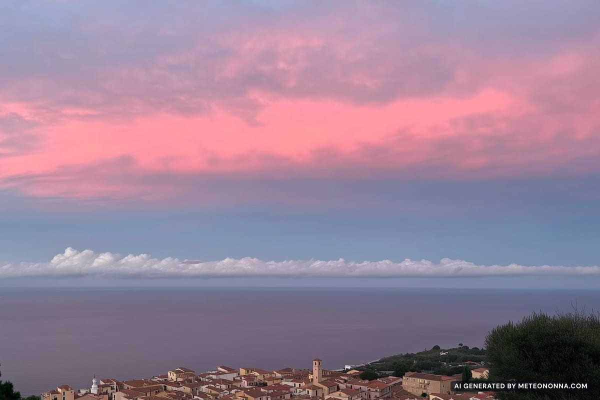 Alba con nuvole alte e medie colorate di rosa e rosso sopra il mare di una cittadina costiera italiana