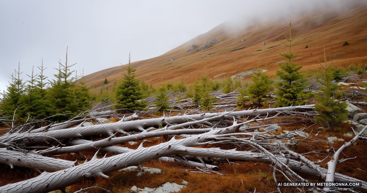 Pendio dolomitico in autunno con tronchi di abete a terra e giovani piantine che crescono tra i resti del bosco abbattuto dal vento