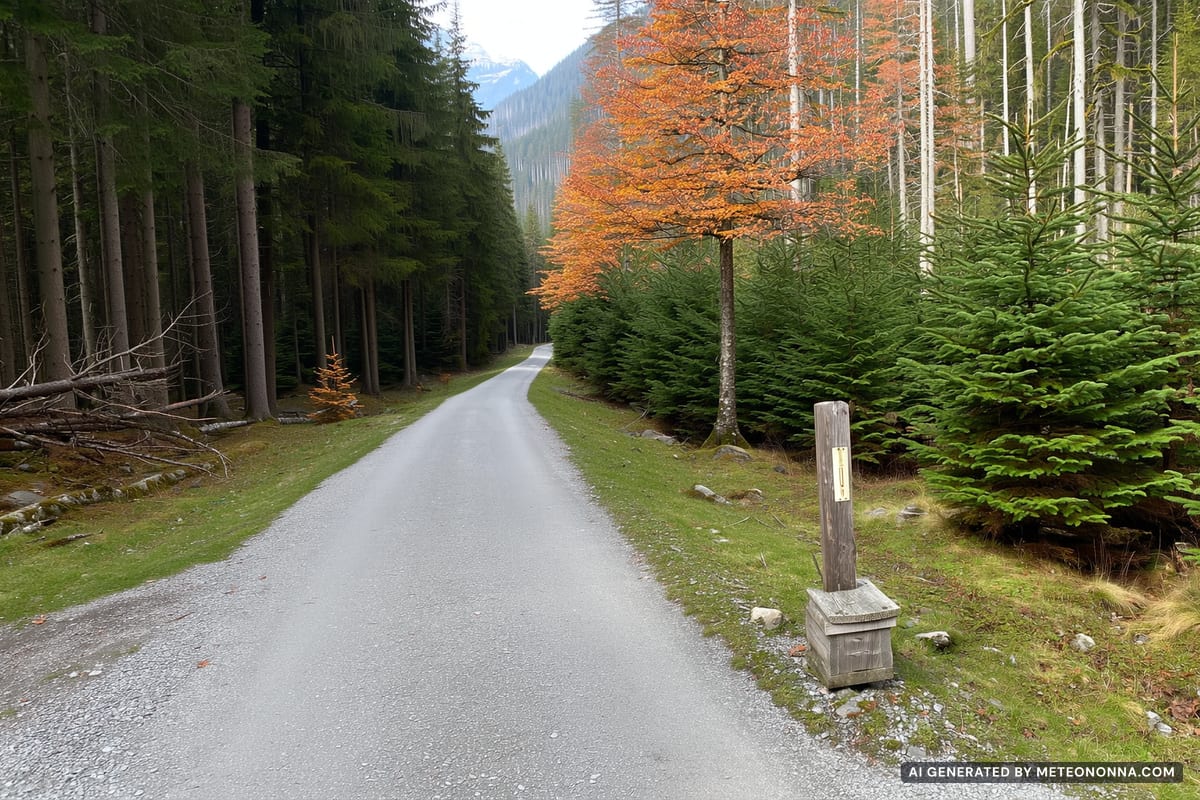Sentiero di montagna alpino con bosco in piedi da un lato e radura con alberi caduti e giovani larici dall'altro