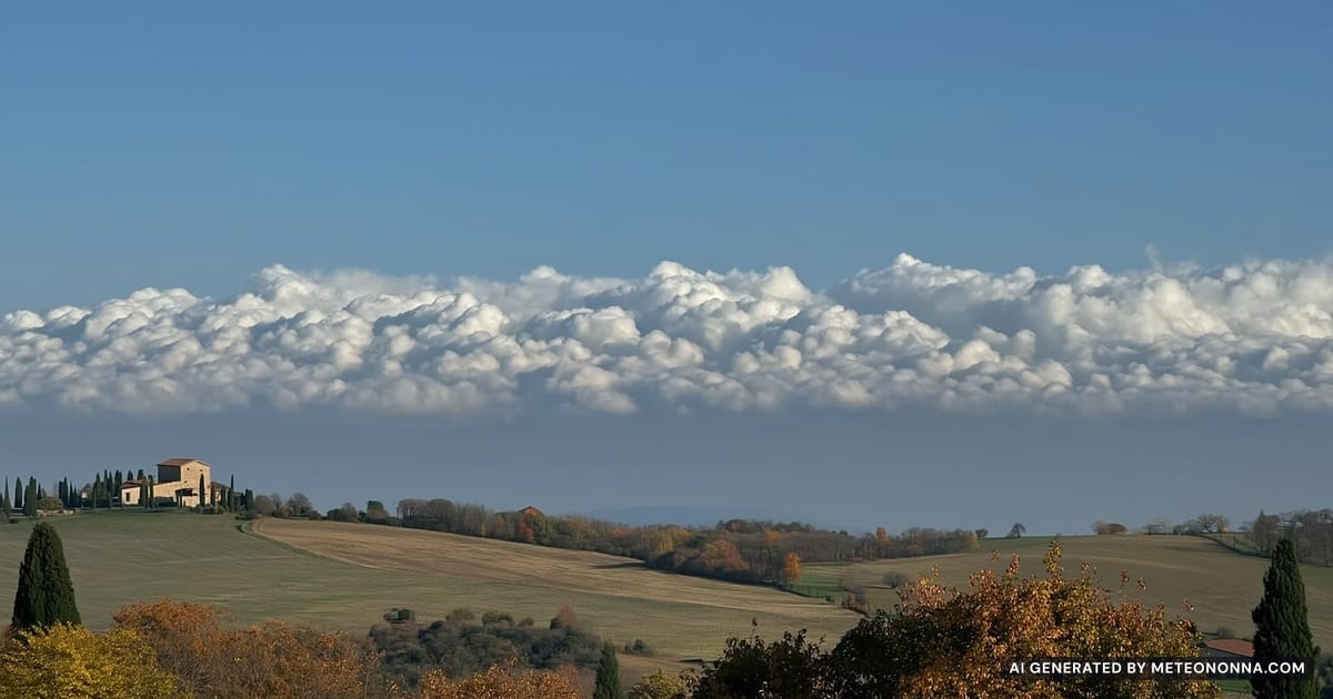 Colline italiane in autunno con un cielo azzurro pieno di piccole nuvole bianche e grigie disposte a file, il classico cielo a pecorelle.
