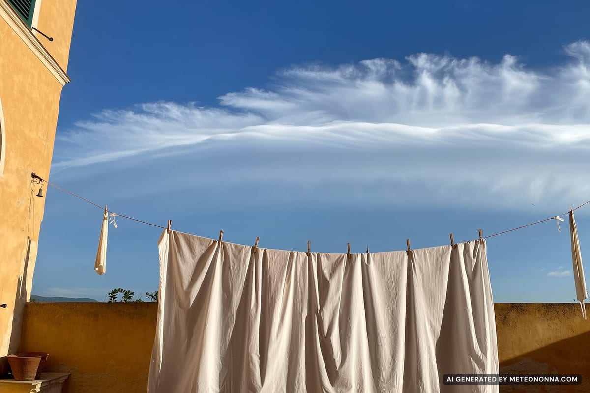 Lenzuola bianche stese in un cortile di una casa italiana, con sopra un cielo che comincia a riempirsi di nuvole a pecorelle.