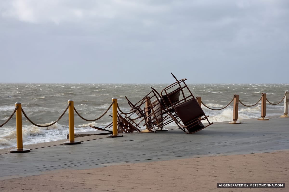 Un lungomare con le sedie di un bar all'aperto rovesciate dal vento forte e il mare grigio e mosso sullo sfondo.