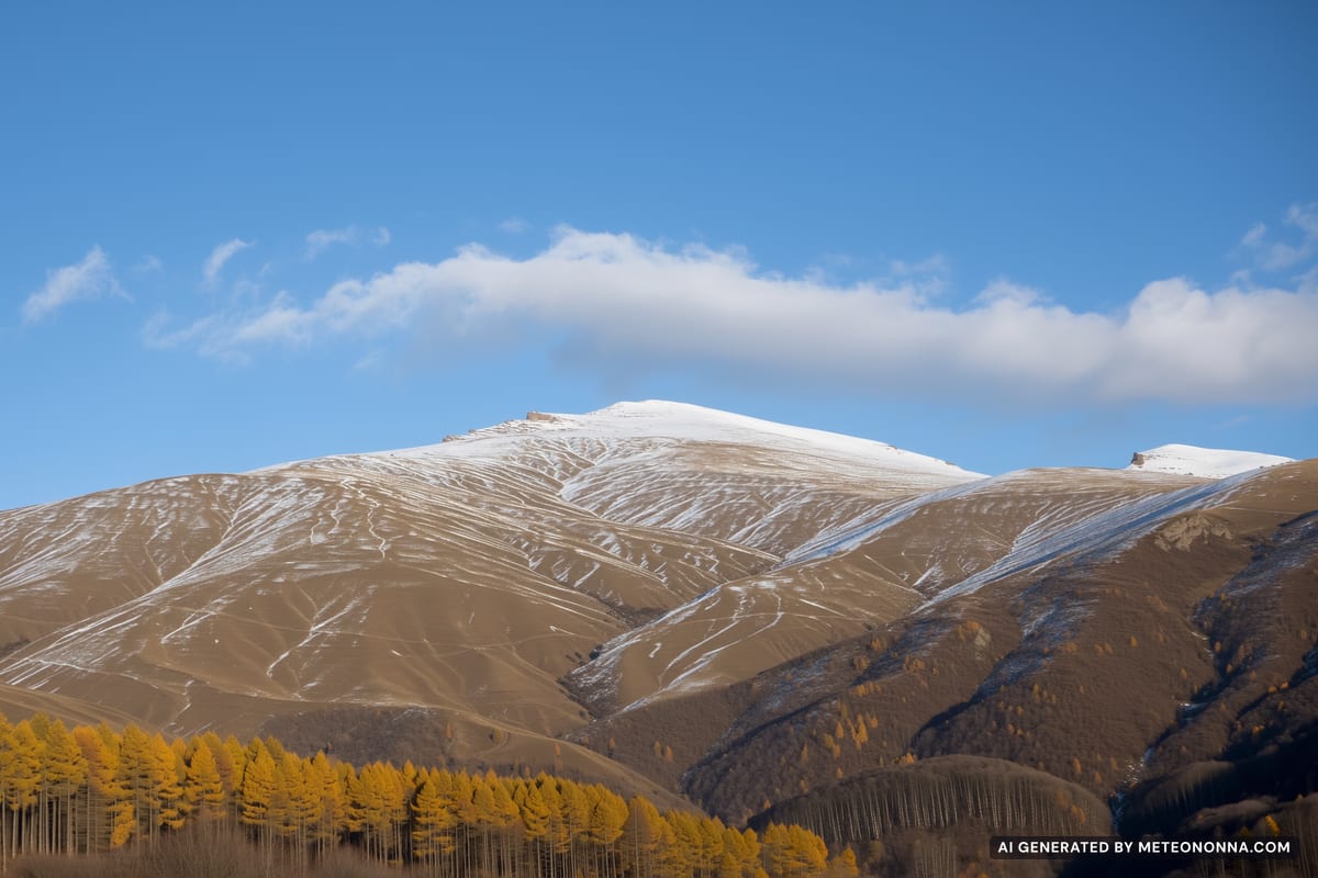 Crinale appenninico con una leggera spolverata di neve sopra faggete color oro in una giornata fredda e limpida