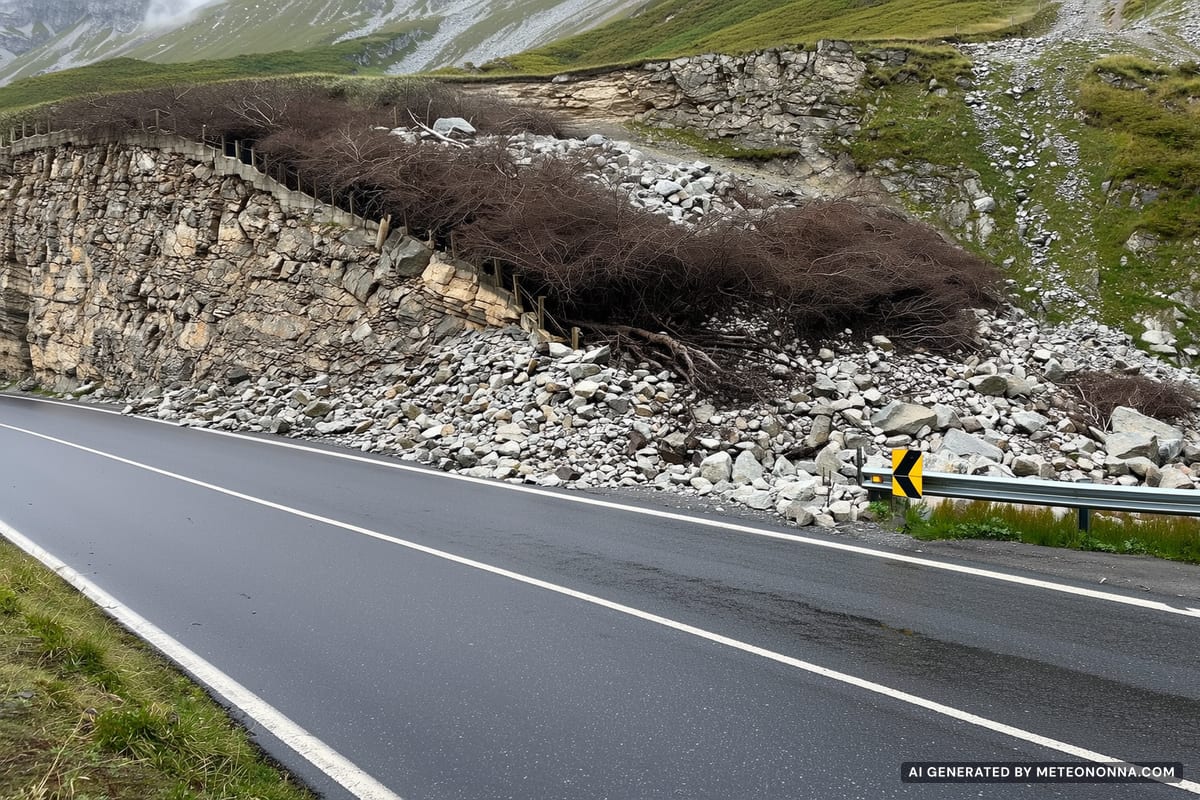 Una strada di montagna appenninica parzialmente coperta da una frana di sassi, fango e rami dopo una forte pioggia, con asfalto bagnato e cielo coperto.