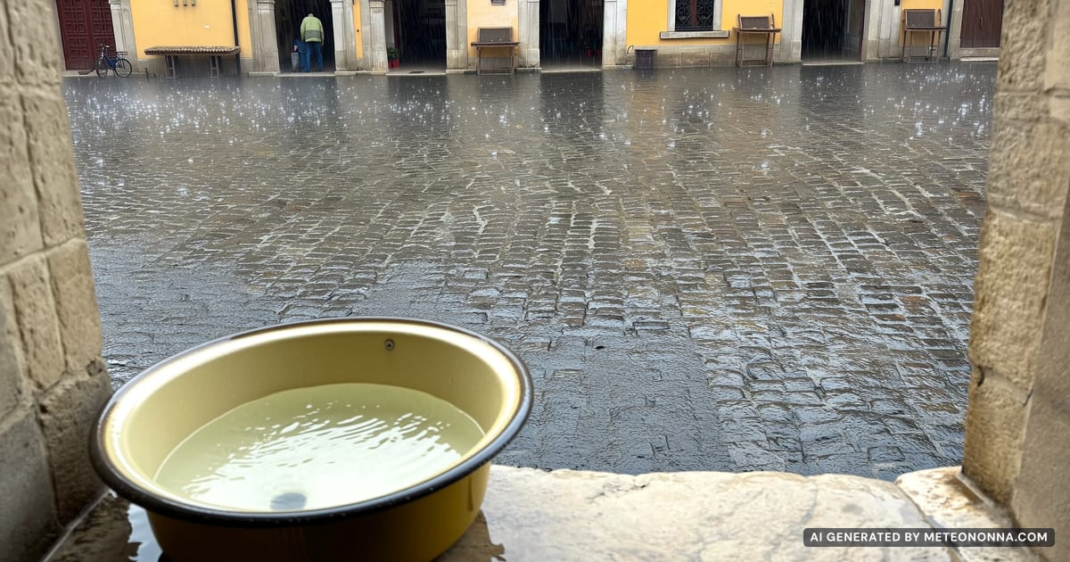 Pioggia intensa su una piazza acciottolata di un borgo italiano, con una vecchia catinella smaltata che trabocca d'acqua su un davanzale di pietra.