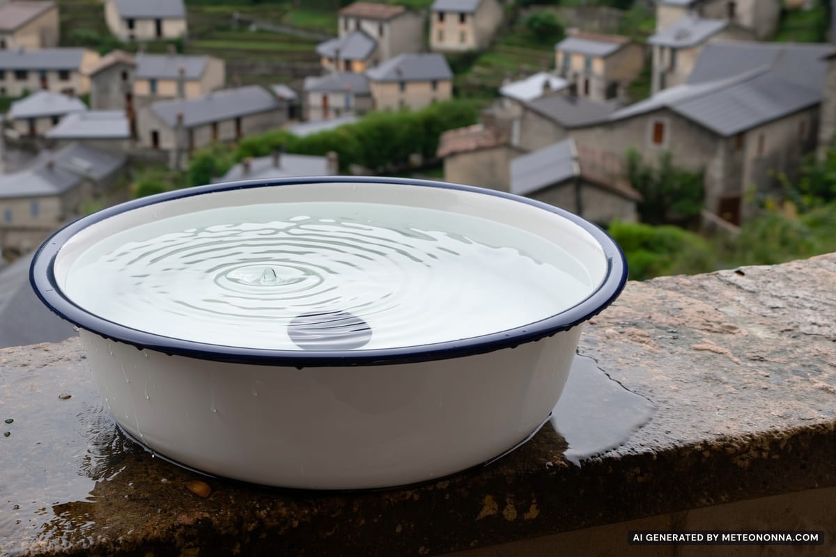 Una catinella di metallo smaltato bianco su un muretto di pietra che si riempie di acqua piovana, con le gocce che increspano la superficie.